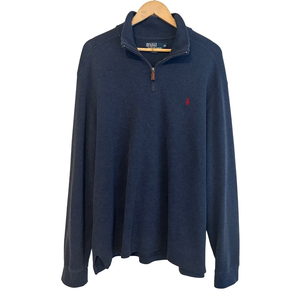 Polo Ralph Lauren Mens Navy Blue Ribbed 1/4 Quarter Zip‎ Mens XL Cotton Sweater